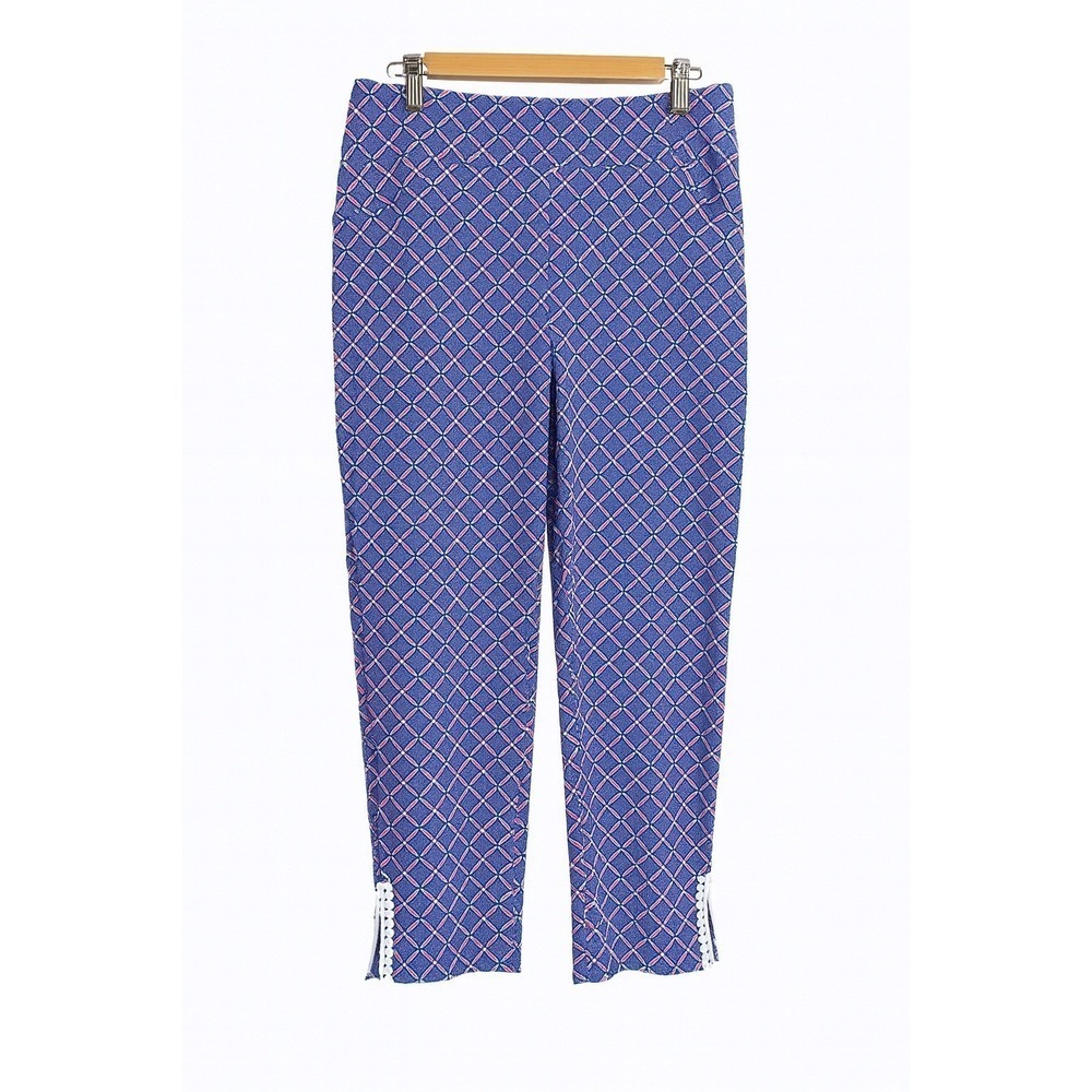Chico's Perfect Stretch Geometric Ankle Pants 1.5 Large Blue Pink Preppy Coastal